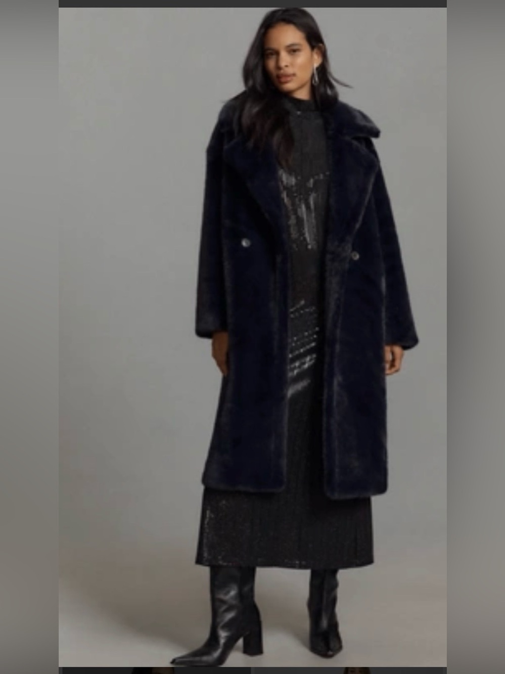 Avec Les Filles Dark Navy Faux Fur Long Trench Coat